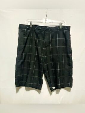 Micros Hybrid Boardshorts Mens 36 Black Grid Plaid Performance Surf Walk Shorts